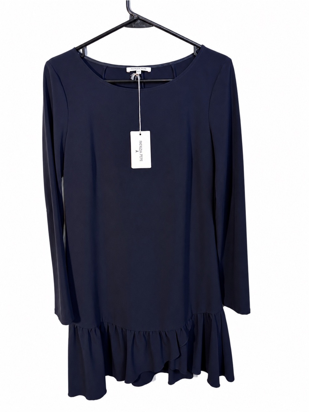 NWT Patrizia Pepe Dress Italy Navy Long Sleeve Ruffle Hem Shift Dress IT 42 US 6